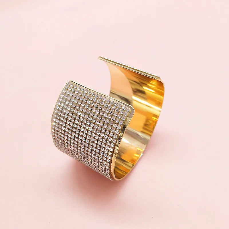 Fashion Female Cheap Brass Alloy Metal Rhinestone Beads Paving Iced Out Wide Open Cuff Bangle Bracelet Jewelry Bangles for Women