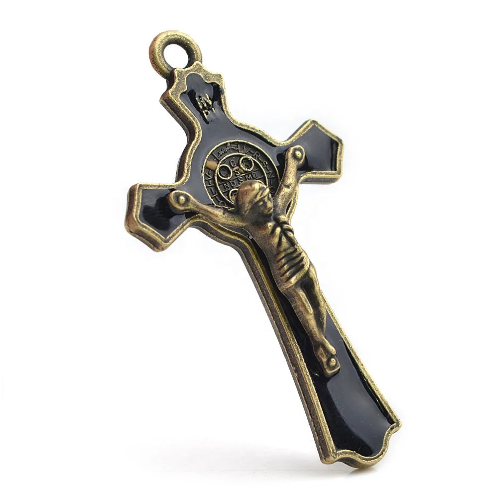 Antique Gold St Benedict Metal Cross Pendant Black Enamel Bronze San Benito Cross Crucifix Rosary Jewelry Charms Featuring Jesus