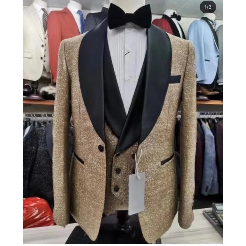Custom Latest Design Classic Shiny Golde With Black Wedding Suits for Men Slim Fit Suit Groom Best Party Tuxedos 3 Piece Blazer