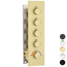 Contemporary 4-Way Thermostatic Shower Valve Brushed Gold Polished Brass 4 Outlet Shower Diverter Mixing Ceramic Rain Concealed
