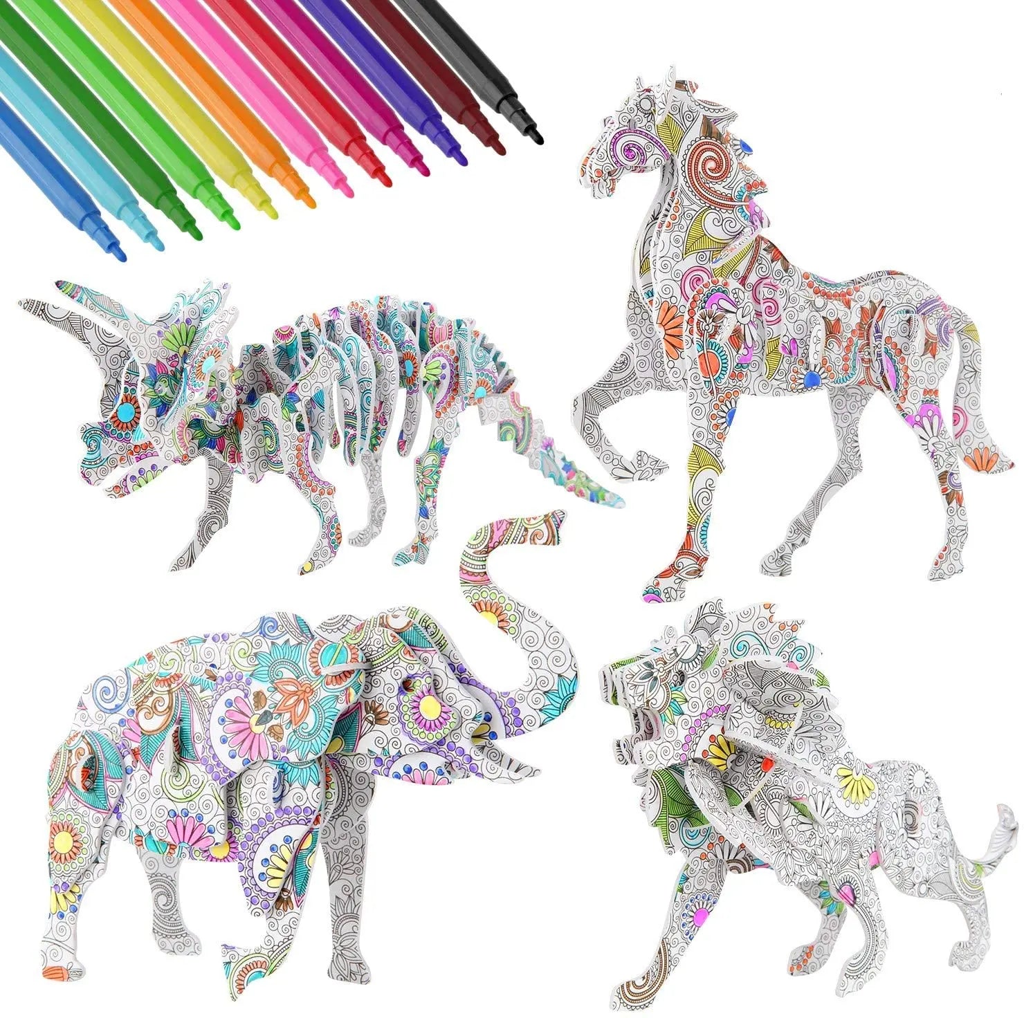 3D Coloring Puzzle Set 4 Animals Painting Puzzles with 12 Pen Markers Creativity DIY Gift for Boys Girls Age 8-12 Years Old