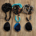 Fashion Bohemian Women's Jewelry 8mm Volcano Stone Natural GemStone Glass Knot Necklace Stripe Agate Pendant Necklace