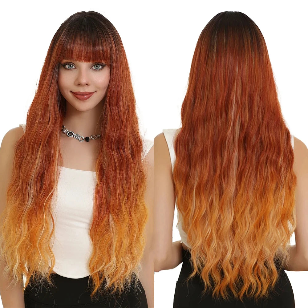 Ombre Red Brown Copper Orange Synthetic Wigs With Bangs Long Wavy Daily Cosplay Party Hair Wig for Women Heat Resistant