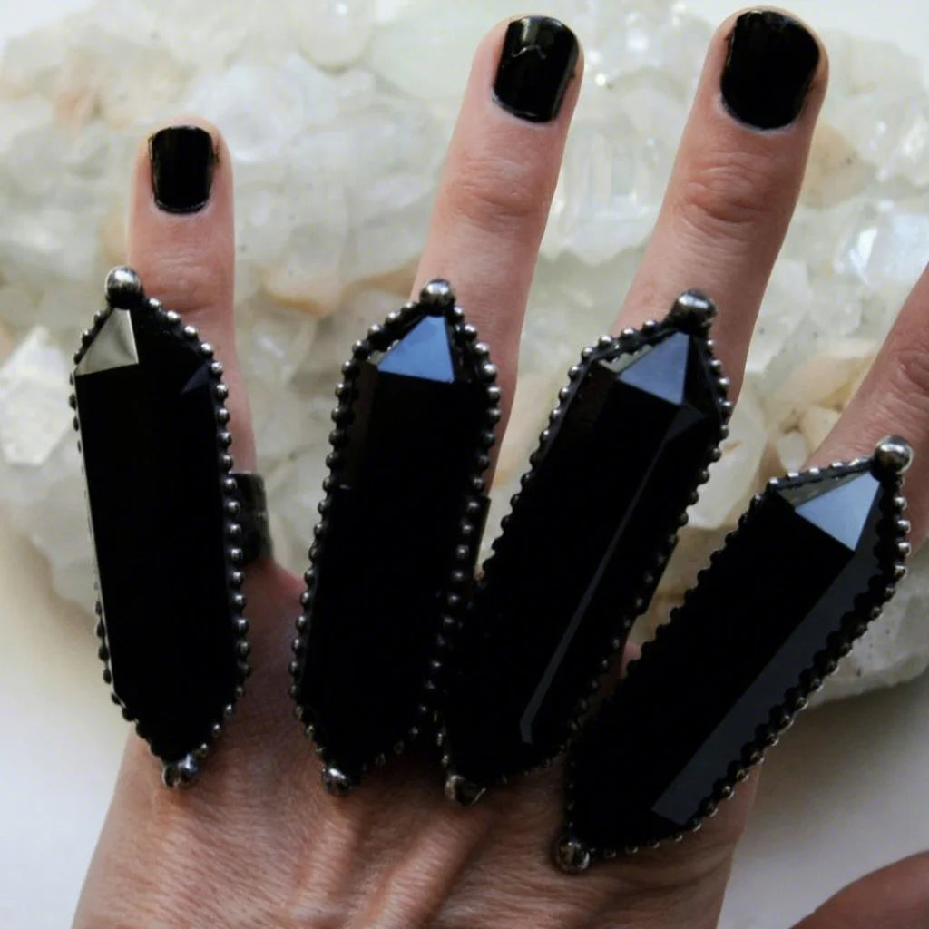 RM42371 Adjustable Healing Crystal Black Obsidian Gemstone Ring Statement Witch Wicca Women Men Jewelry