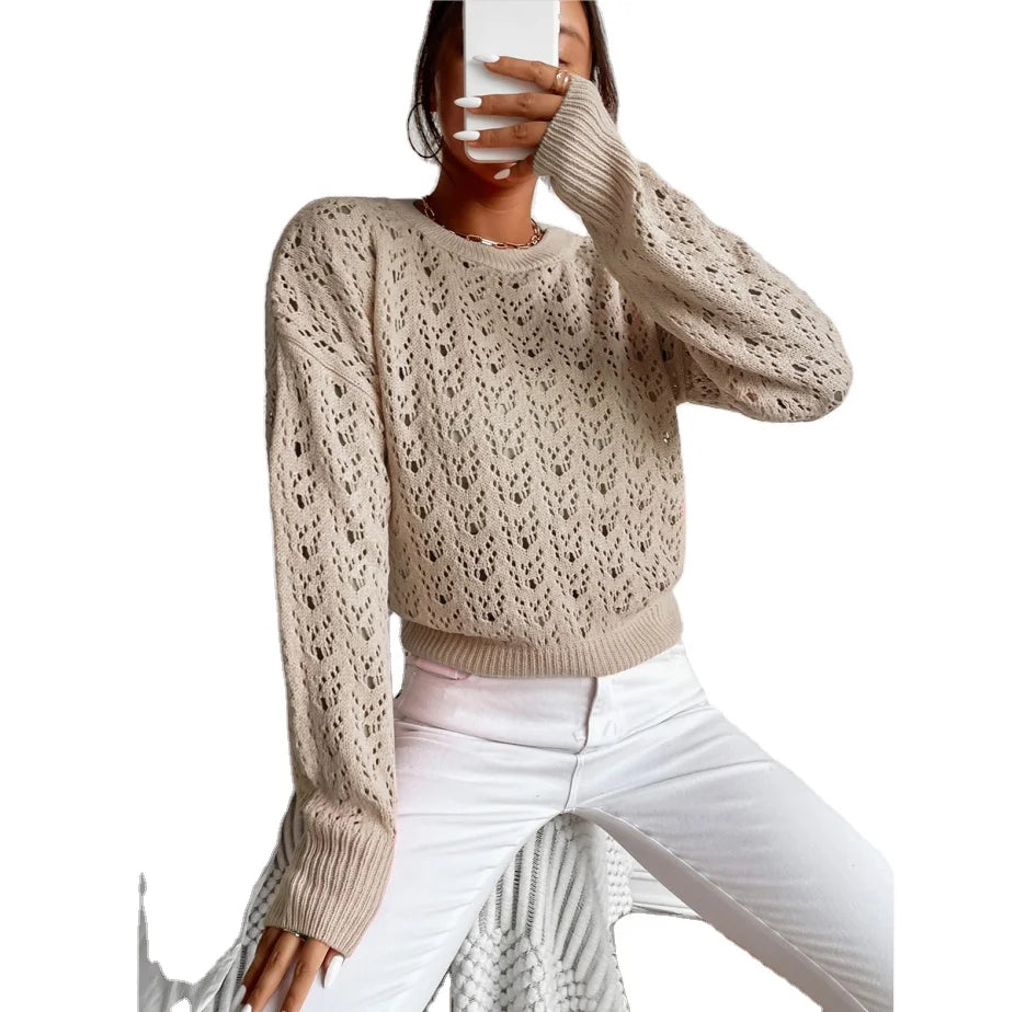 10% Autumn Sweater Women Sweaters Solid Color Hollow Out Design Knit O-Neck Long Sleeve Sweater for Fall Fashion Casual Top