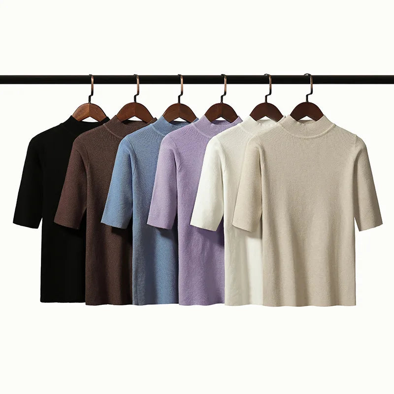 New Women Girls Pullover Early Autumn New Korean Style Solid Color Half Sleeve Knitted Bottoming Stand Collar Shirt Knitwear
