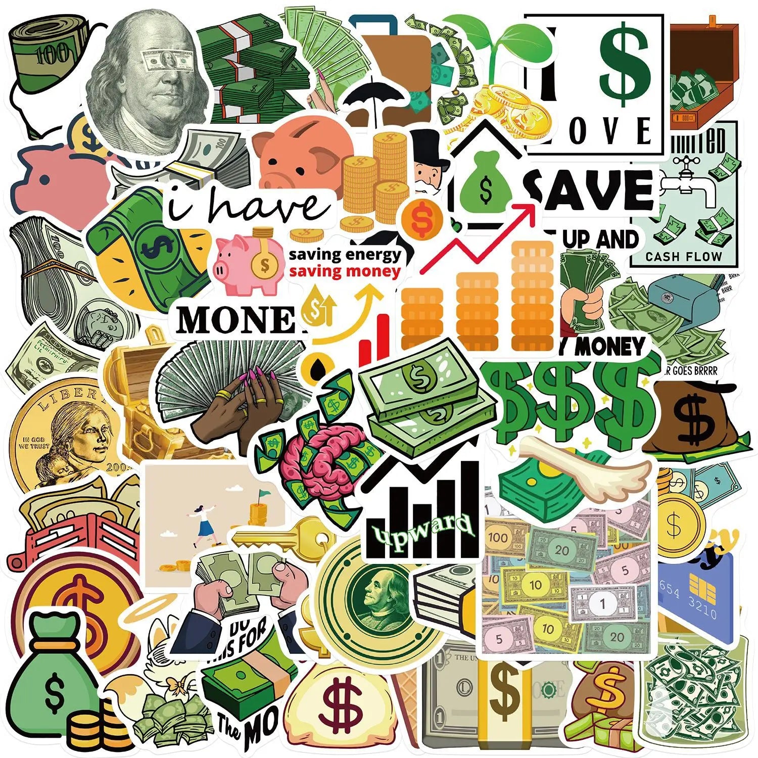 50Pcs Funny Cartoon Bill Money Logo Graffiti Stickers for Bottle Laptop Phone Vinyl Dollar Gold Coin Sticker