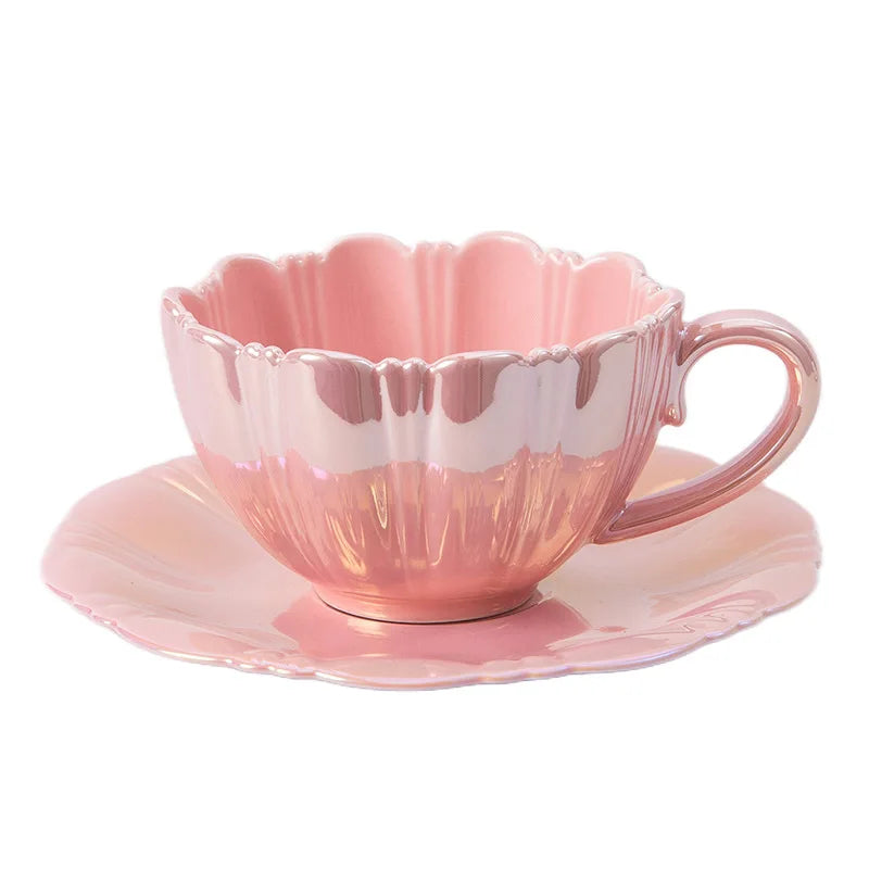Creative European Chic Luxury Tea Set Simple Pearl Petal Ceramic Coffee Mug with Saucer Beautiful Bar Gift Cup