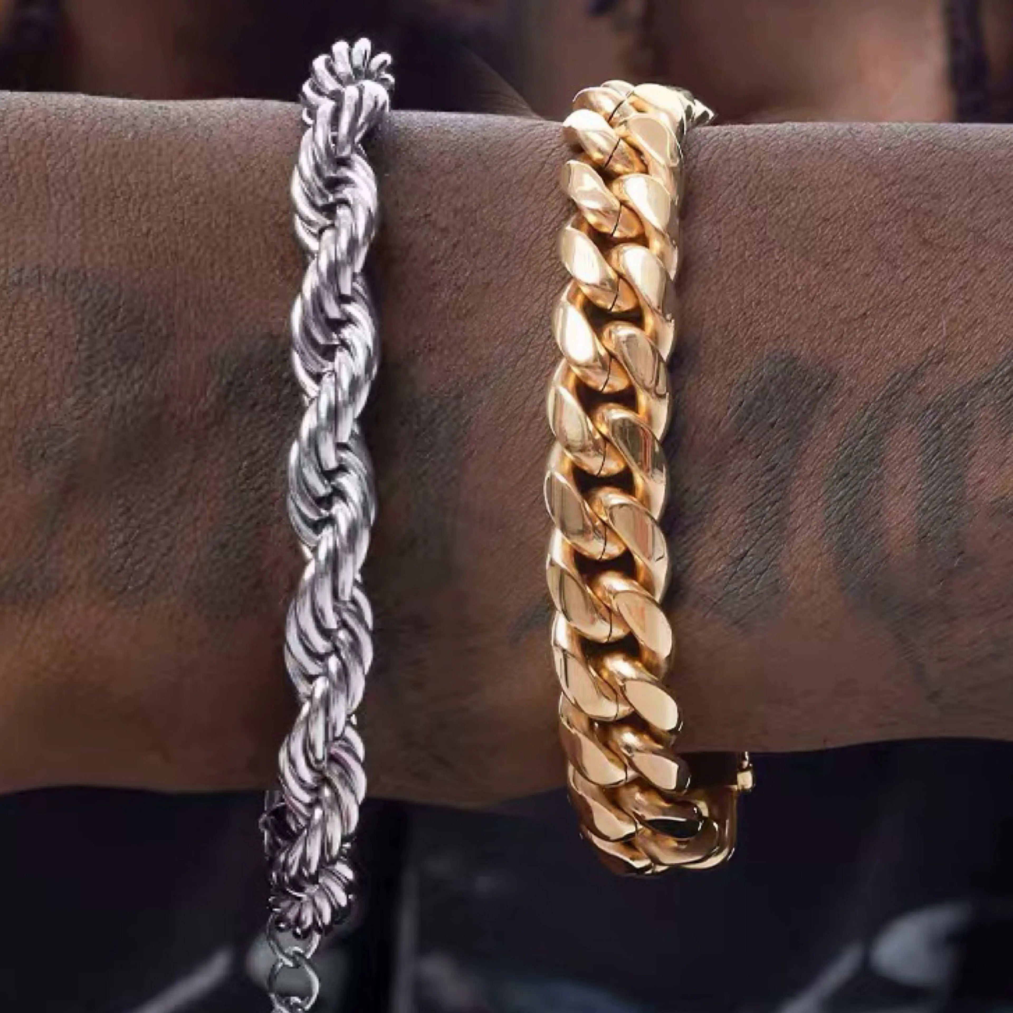 Hiphops 6mm 5mm Cuban Bracelets Gold Plated 18k Twist Chain Stainless Steel Braided Twisted Rope Chain Bracelet Jewelry for Men
