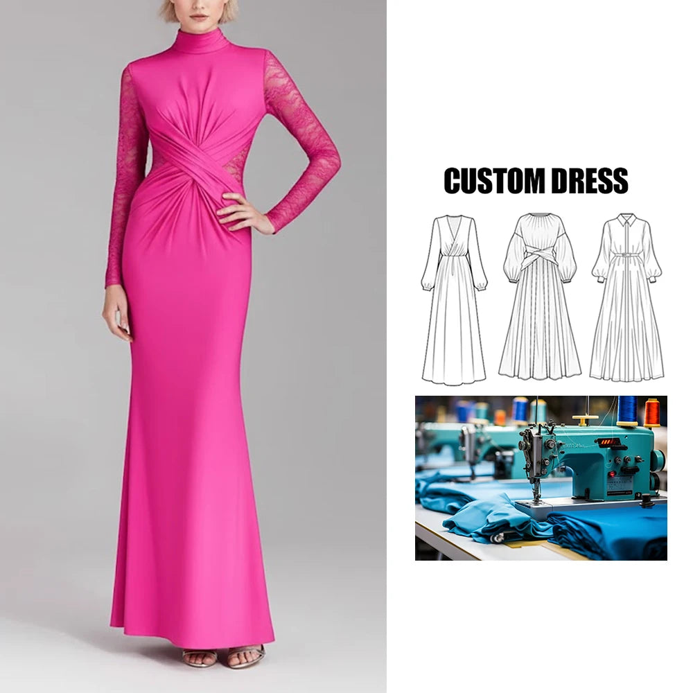 Custom Women's Evening Banquet Dress Floor-Length Ball Gown Lace Full Sleeve High Neck Brand Long Dress