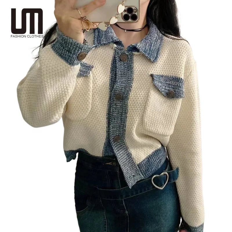 Liu Ming 2025 Trending Product New Korean Chic Autumn Patchwork Color Knitted Tops Short Cardigan Sweater Coat