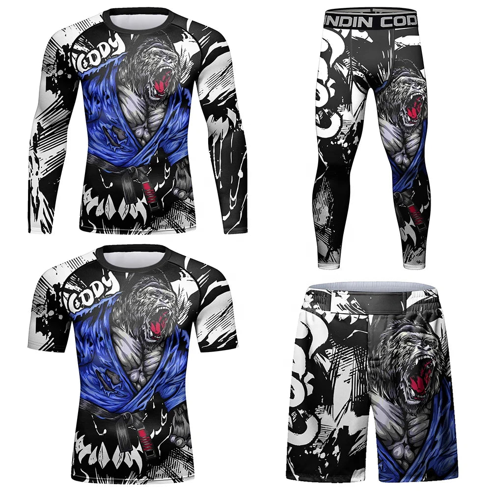 New Digital Sublimation Fastness Elastic 4 Piece in Set Men's Fitness Gym Wear Rash Guard Leggings Shorts Sets