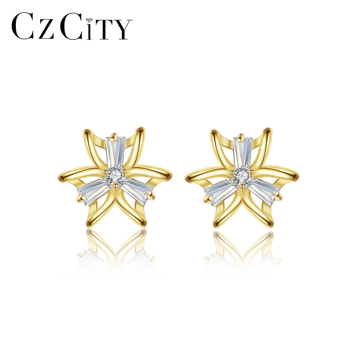 CZCITY 925 Sterling Silver Elegant Flower Trendy Unique Dainty Lady Earing Cute Gold 14K Earring Modern