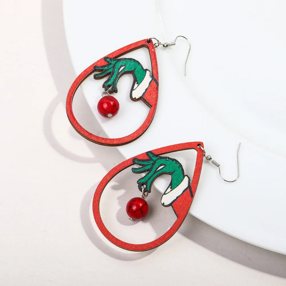 Cartoon Green Hands Red Lucky Beads Christmas Gift Hollow Water Drop Grinch Printed Drop Earrings Fashion Accessory for Holiday