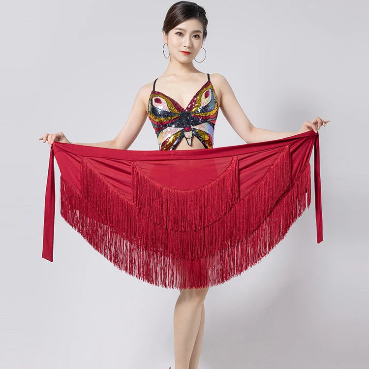 Comfortable Latin Dance Training Multi Layer Dynamic Tassel Half Circle One Piece Hip Scarf Wrapping Skirt for Women