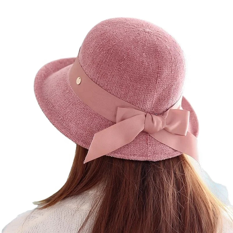 Winter Chenille Knitted Hat Women Bowknot Bucket Hat Foldable Bow Warm Soft Cloche Cap