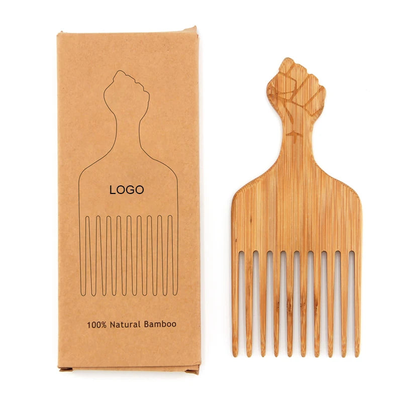 Barber Styling Bamboo Wooden Afro Pick Comb for Hair Styling Customized Logo and Packing Beard Wide Tooth Comb