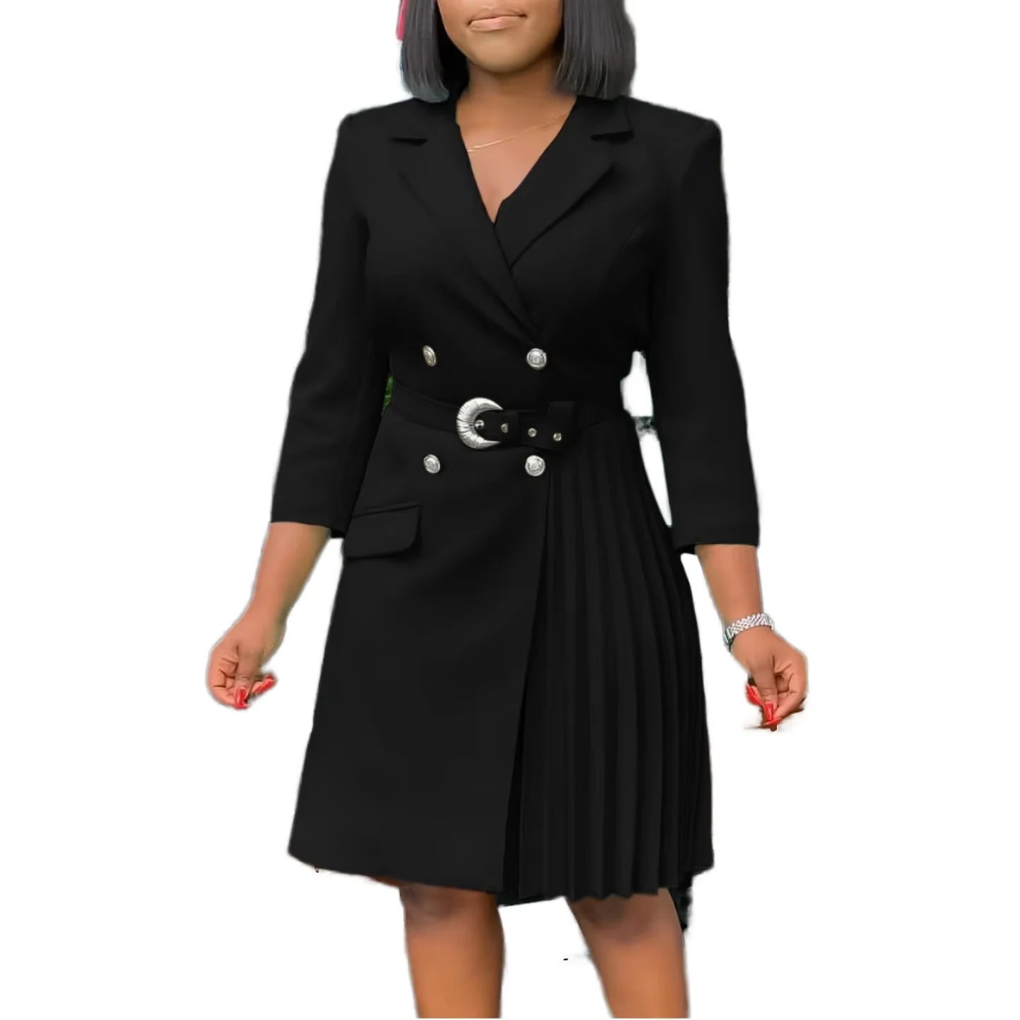 Hot Sale Ladies Office Dresses Women Casual Long Sleeve V-Neck Pleated Formal Suit Dress Office Work Sexy Style
