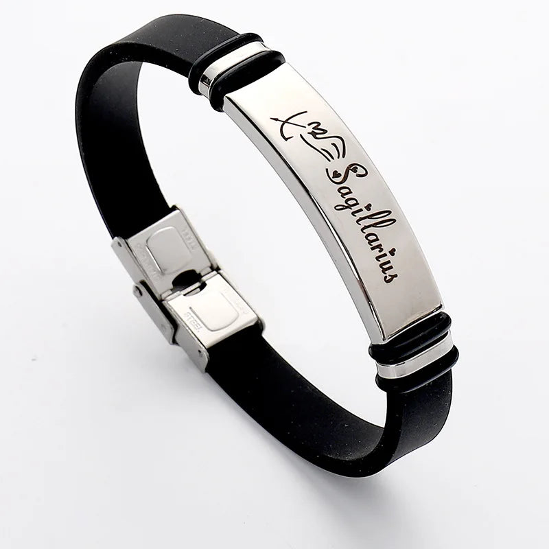 New Stainless Steel White Black Silicone Rubber Customize Bangle Zodiac Silicone Letter Couple Bracelet for Students Teens Gift