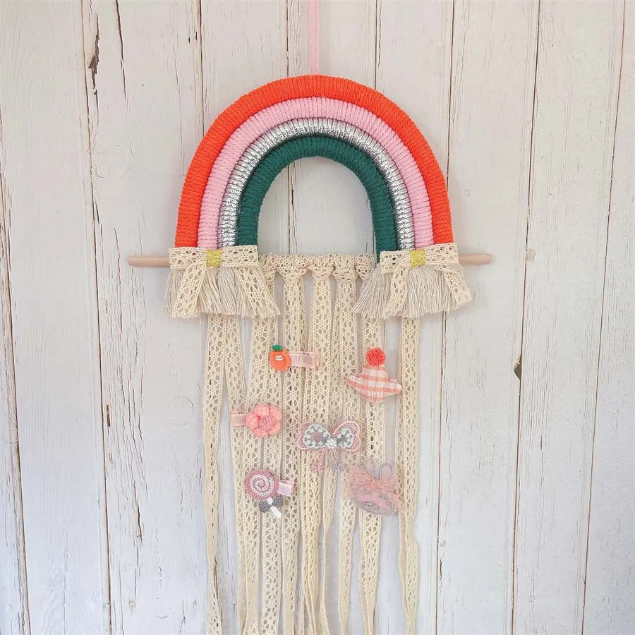 Rainbow Tassels Hair Bows Holder Hanging Wall Decoration Lace Belt Storage Hair Bow Holder Organizer for Hair Clips Accessories