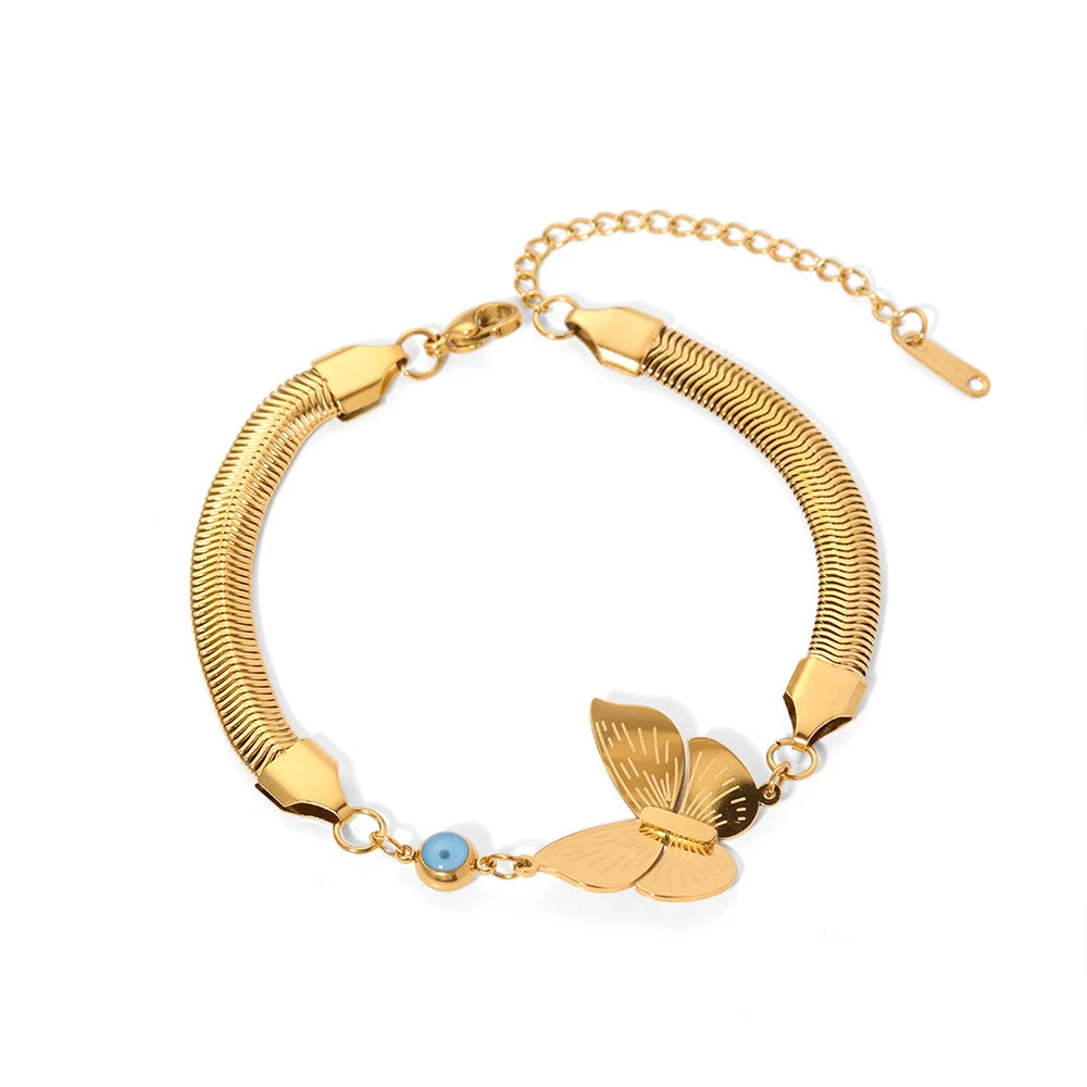 Tarnish Free Stainless Steel Butterfly Bracelet Boho Ethnic Enamel Blue Evil Eyes Bracelet Jewelry for Girls
