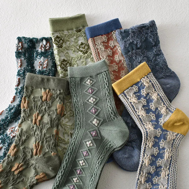 Spring Autumn Winter Cotton Womens Mid Tube Trend Comfortable Retro Relief Jacquard Vintage Fashion Fancy Ladies Socks