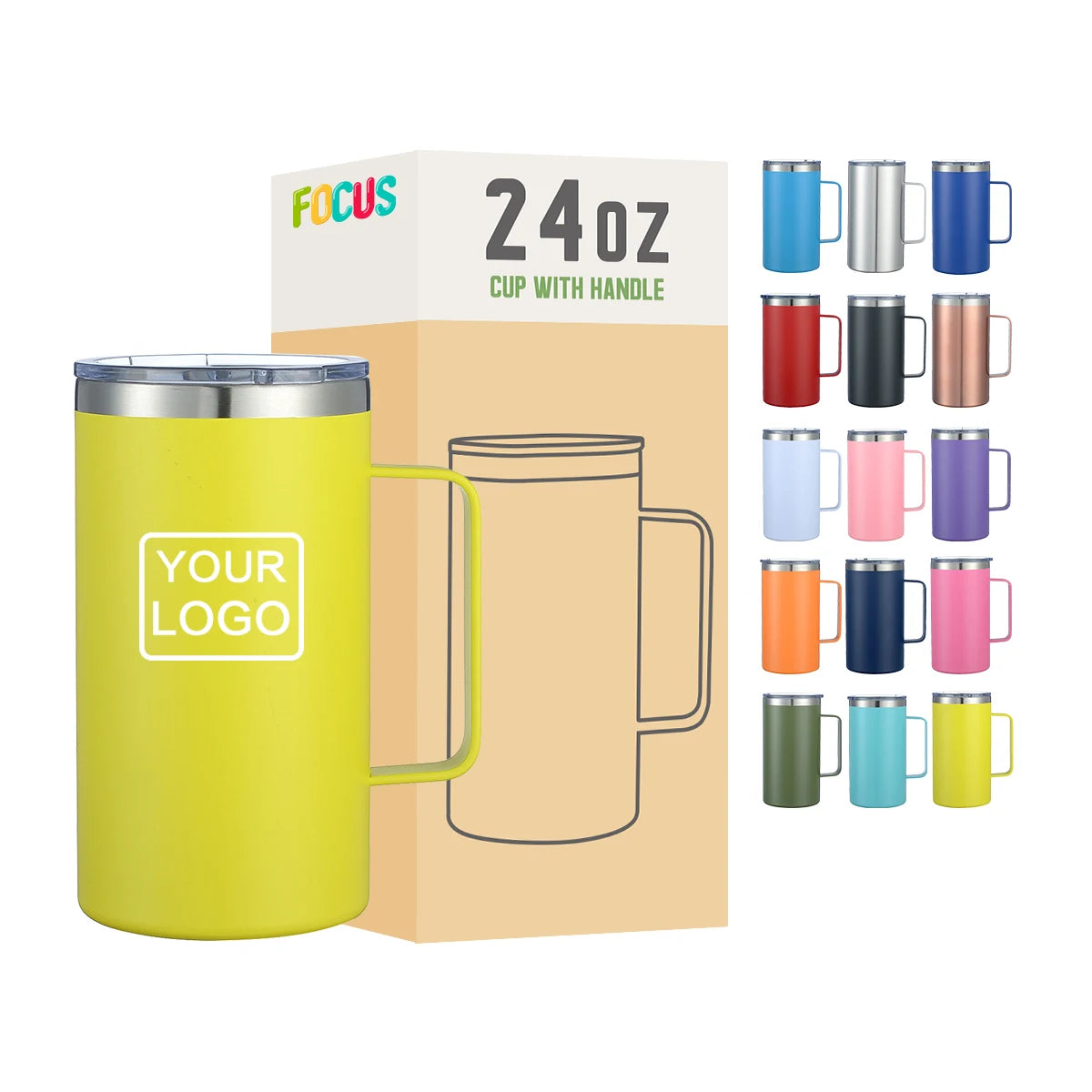 Custom Logo 24oz Yellow Large Size Travel Tumbler Cup Powder Coated Double Wall Insulated Stainless Steel Coffee Mug With Handle