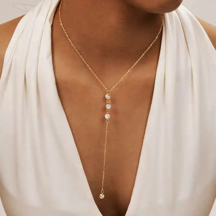 Joolim Jewelry Dainty 18K Gold Plated Stainless Steel Necklace Adjustable Cross Link Chain Y Tassel  Zircon Vintage for Gift
