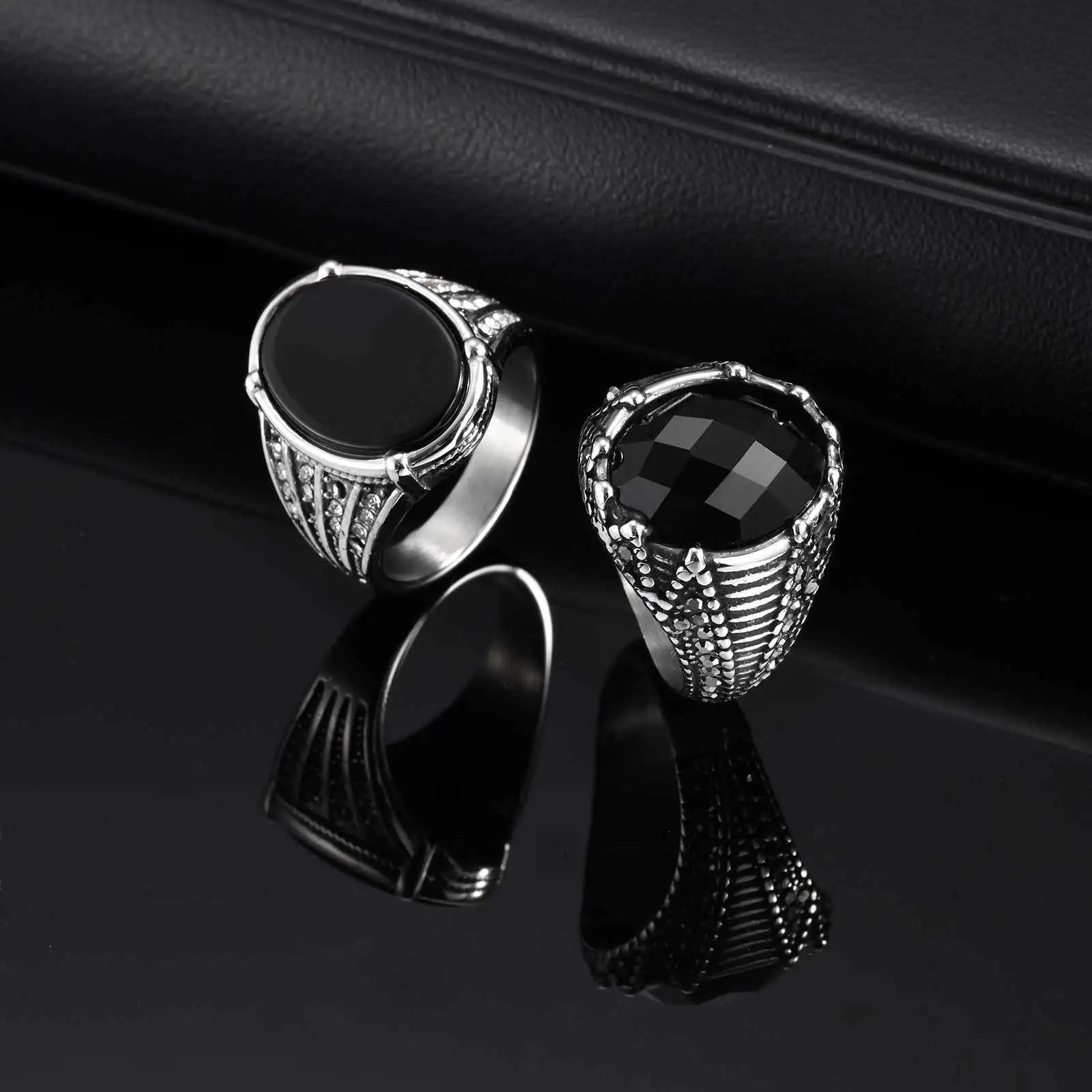 Hip Hop Stainless Steel Men's Retro Oval Black Agate Signet Ring Geometric Design Turkish Jewelry Finger Rings for Engagement