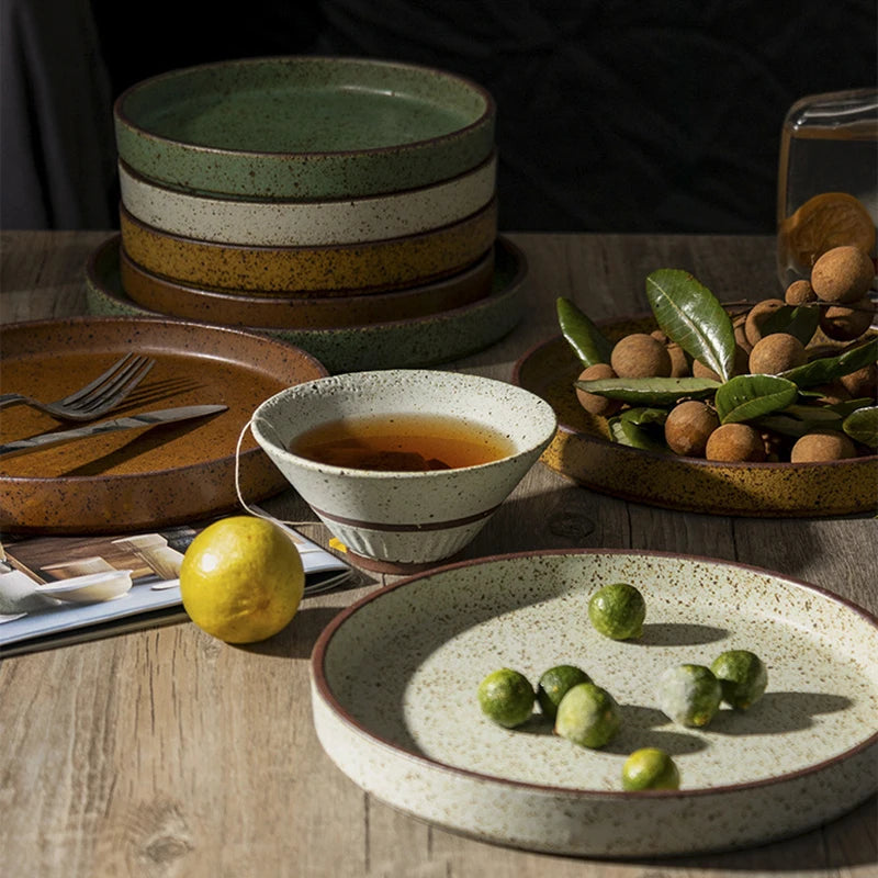 Eco-Friendly Rustic Stoneware for Charger Plate Round Novelty Dinnerware for Home Restaurant Hotel-Fruit Pasta Steak Retro Style