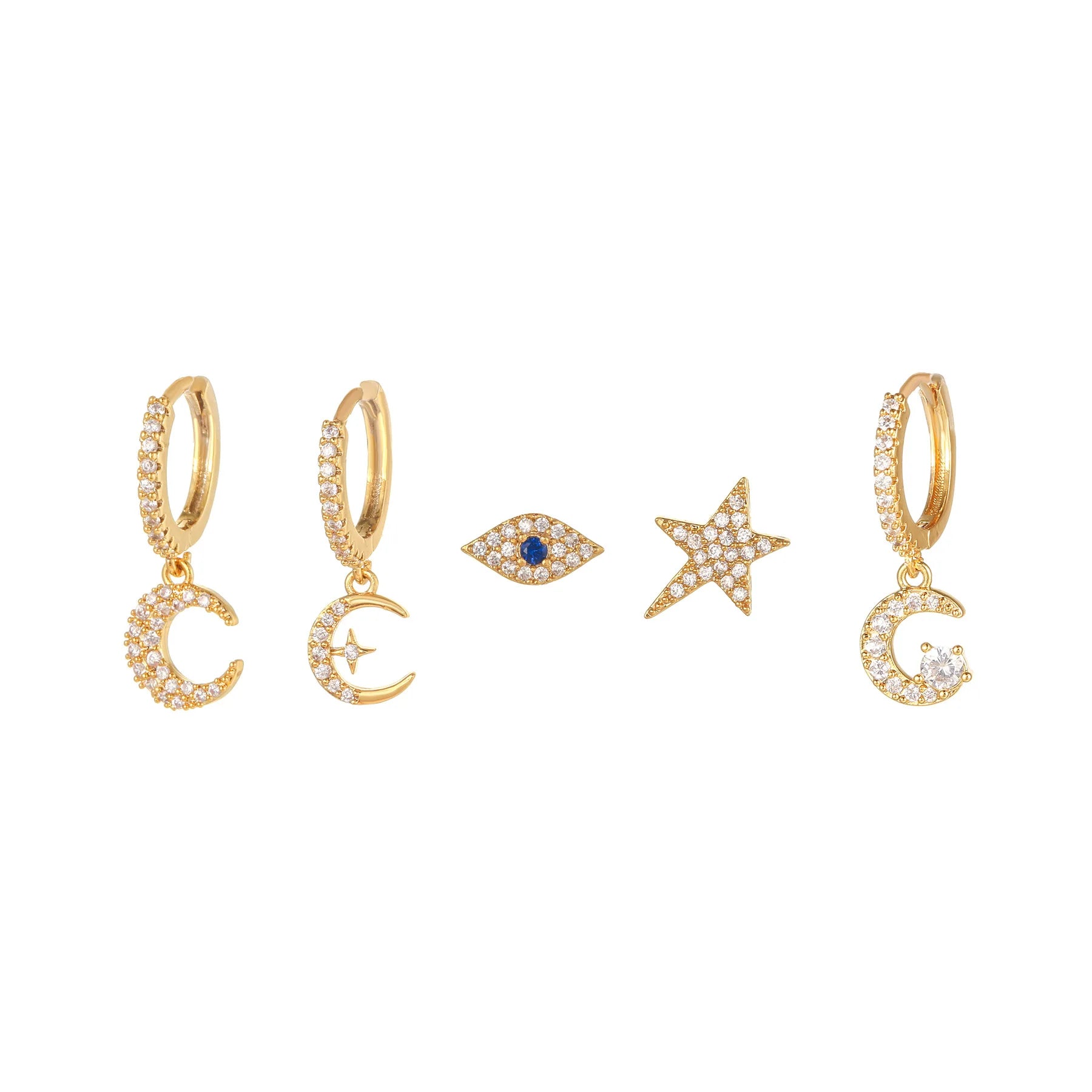 5pcs/set Fine Jewelry Set 925 Silver Gold Plated Stud Earrings Star Moon Blue Eye Shaped Trendy Zircon Women's Party