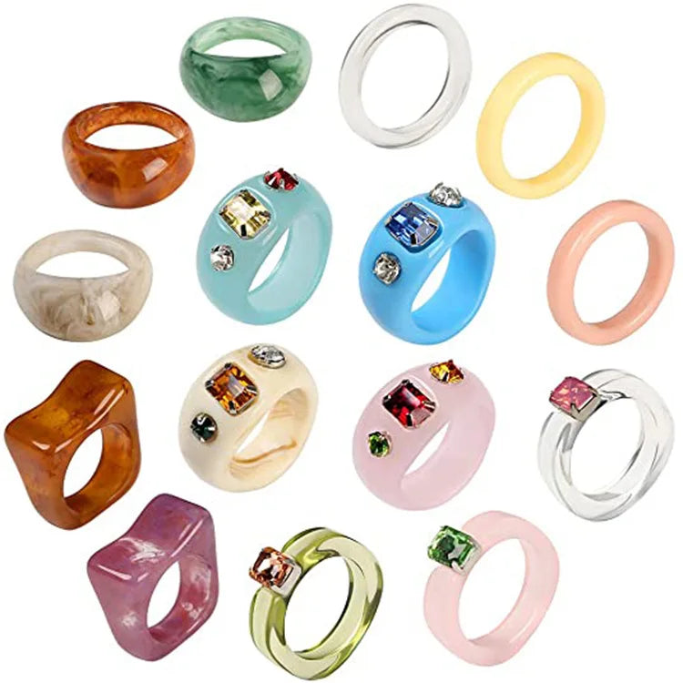New Arrival Jelly Rhinestone Personalized Jewelry Colorful Cute White Clear Adjustable Chunky Acrylic Resin Rings