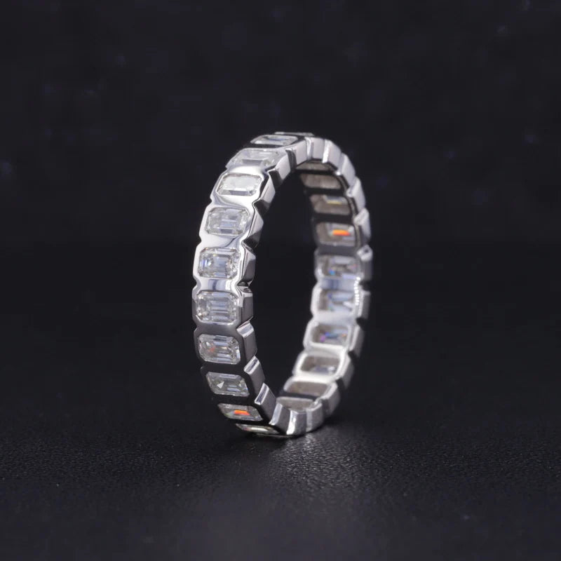 Starsgem Classic Jewelry 14K Solid White Gold Bezel Oval Emerald Cut D Color Moissanite Wedding Ring Diamond Eternity Band