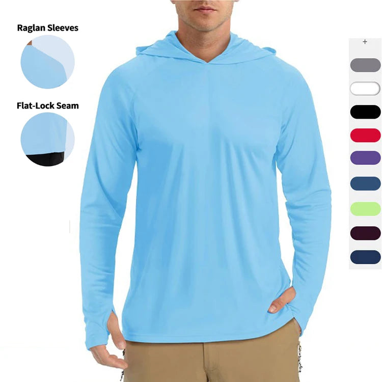 Custom Logo Men's UPF 50+ Long Sleeve SPF Polyester T-Shirt Solid Pattern Sun Protection for Outdoor UV Hiking Fishing Knitted
