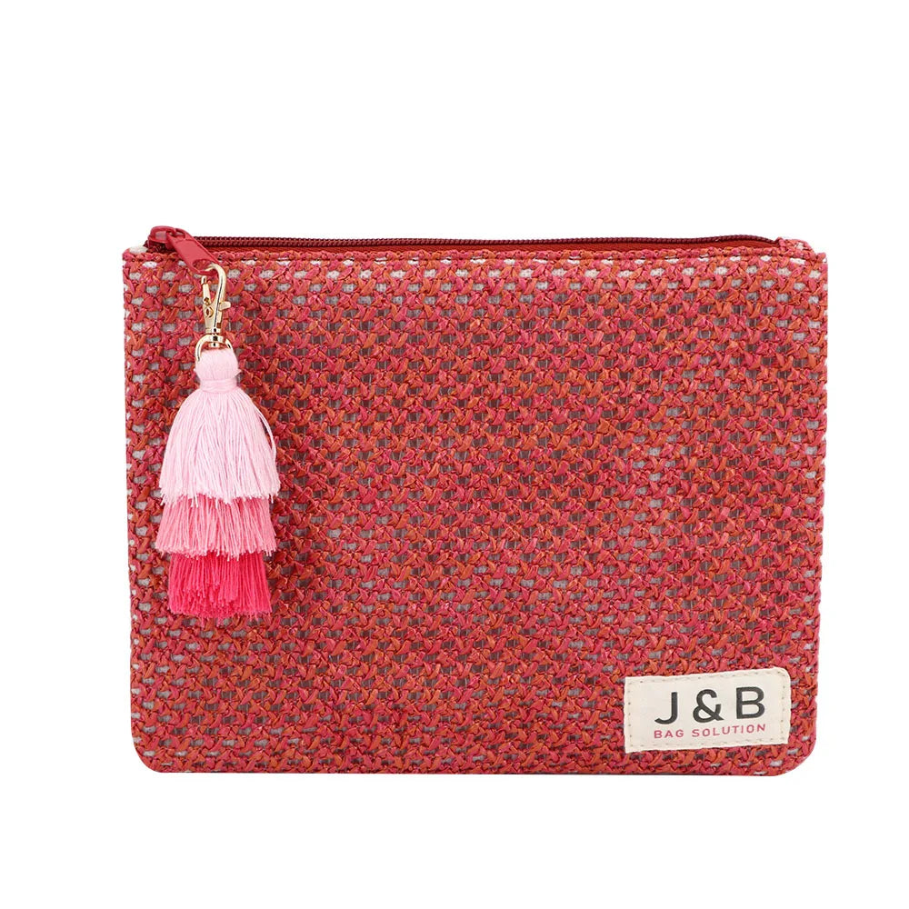 Fashion Eco Friendly Cosmetic Beach Bag Summer Hollow Out Lady Straw Bag Custom National Straw Clutch Beach Bag with Tassel
