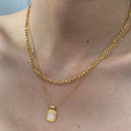 Tarnish Free Stainless Steel 18K Gold Plated Figaro Chain Mother of Pearl Shell Pendant Layered Necklace Jewelry