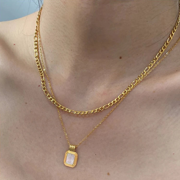 Tarnish Free Stainless Steel 18K Gold Plated Figaro Chain Mother of Pearl Shell Pendant Layered Necklace Jewelry
