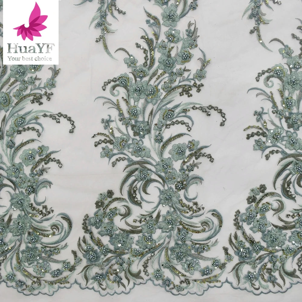 New French 3d Heavy Beaded Sequins Lace With Pearls Green Mix Color Floral Embroidery Lace Dress Fabric HY1551-5