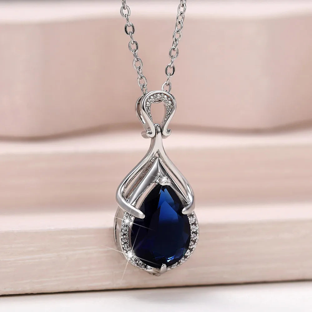 Huitan Silver Plating Women Blue Crystal Factory Clavicle Chain Necklace Jewelry Gifts Water Drop Zirconia Necklaces Pendant