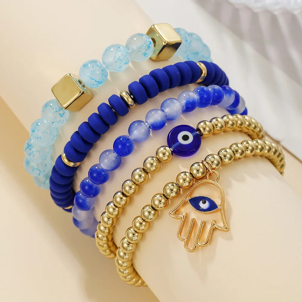 Ethnic 5 Pcs/Set Hamsa Hand Charm Beaded Bracelet Set Women's Handmade Braided Resin Blue Evil Eyes Beads Stacked Bracelets