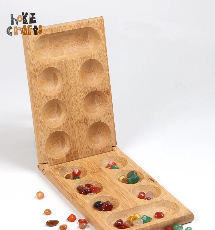 Foldable Wooden Mancala Board Game with 48 Glass Stones