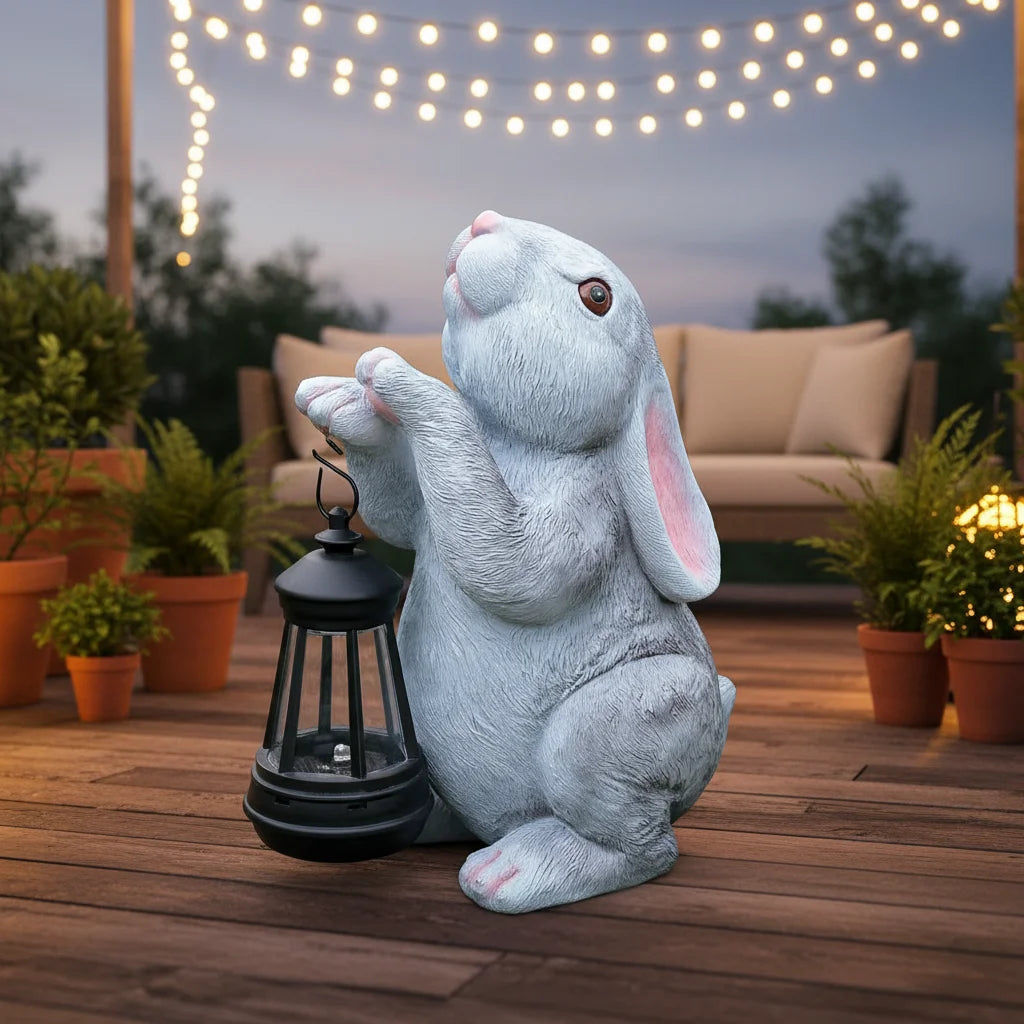 Resin Hand-painted Lantern Ash Rabbit Courtyard Figurine with Glowing Lanterns-Cute Art Garden Decoration and Business Gift