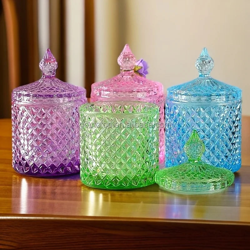 Luxury Empty Pink Purple Green Glass Candle Jar with Lid for Candle Making Elegant Lantern Holder