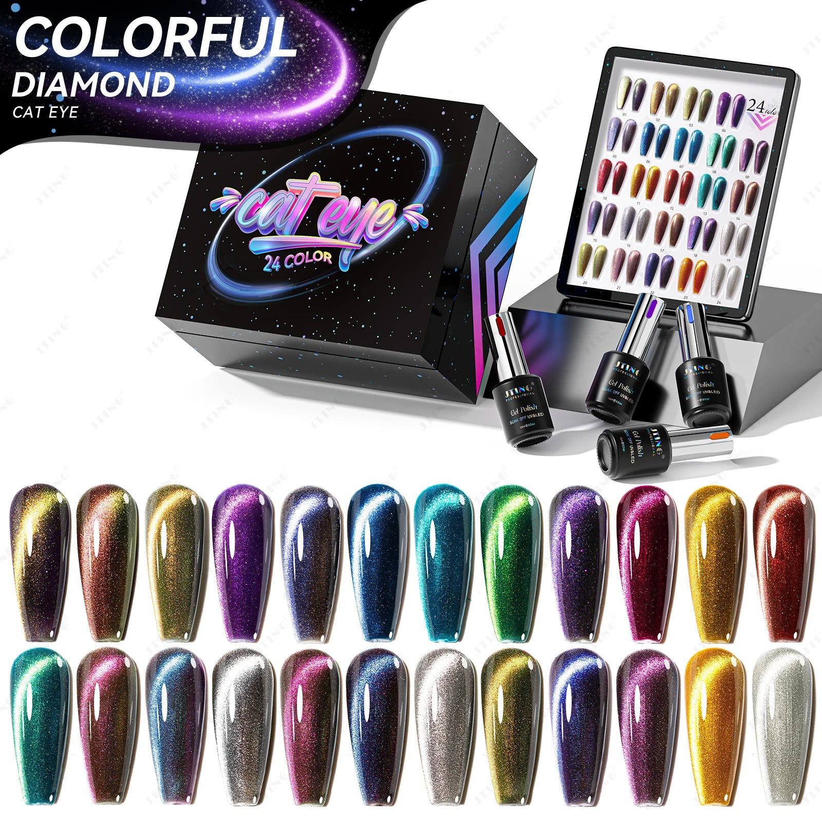 JTING Top Selling Colorful Diamond Cat Eye Gel Nail Polish Collection Box 24colors with Unique Design Display Chart