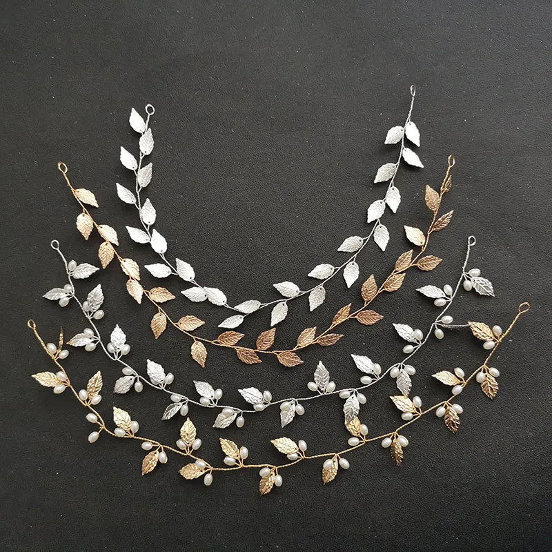SLBRIDAL Handmade Ins Baroque Style Alloy Leaf Pearl Bridal Hair Vine Headband Wedding Headpieces Hair Accessories Women Jewelry