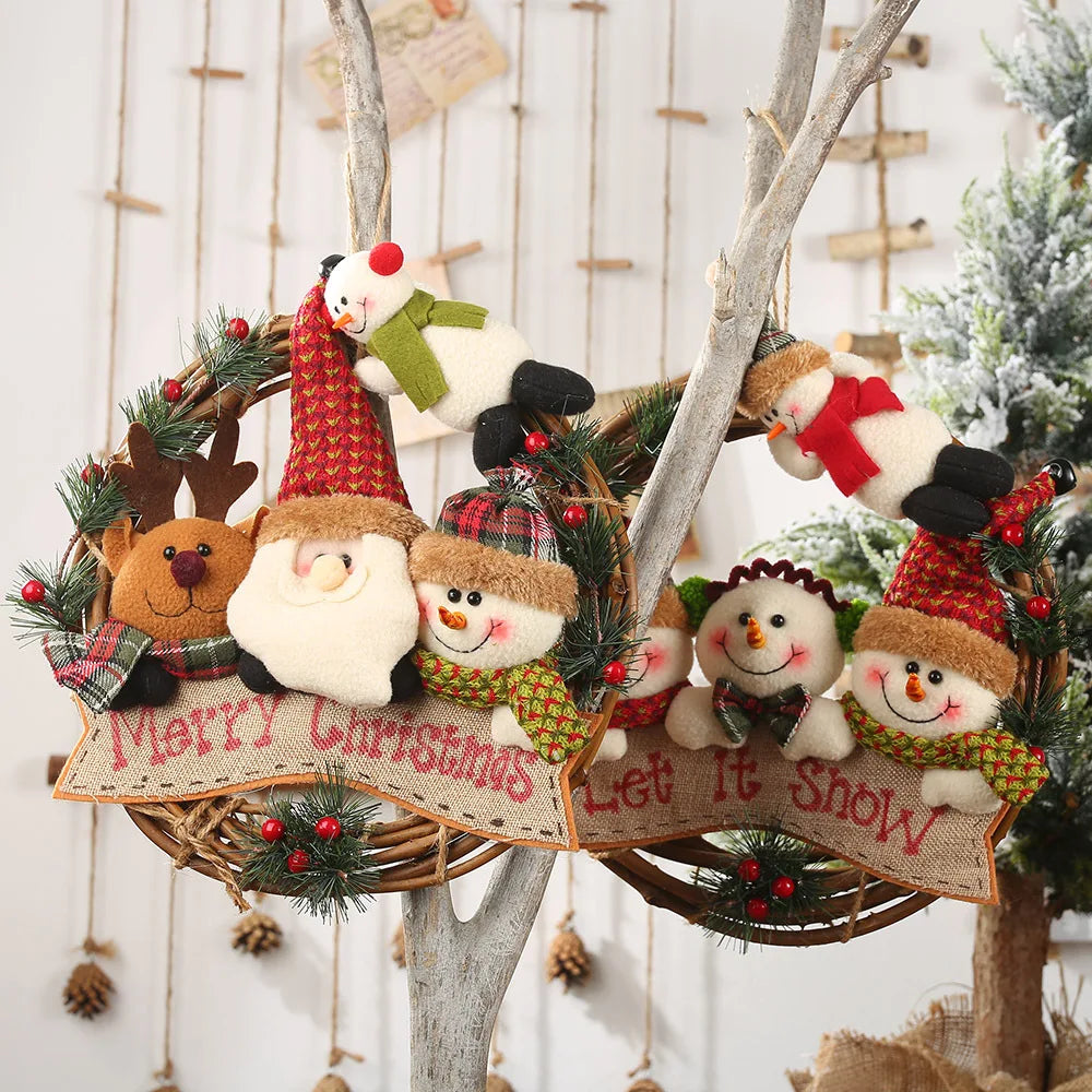 Christmas Decoration Supplies Santa Claus Snowman Elk Rattan Circle Pendant Christmas Wreath Garland Hanging Ornaments