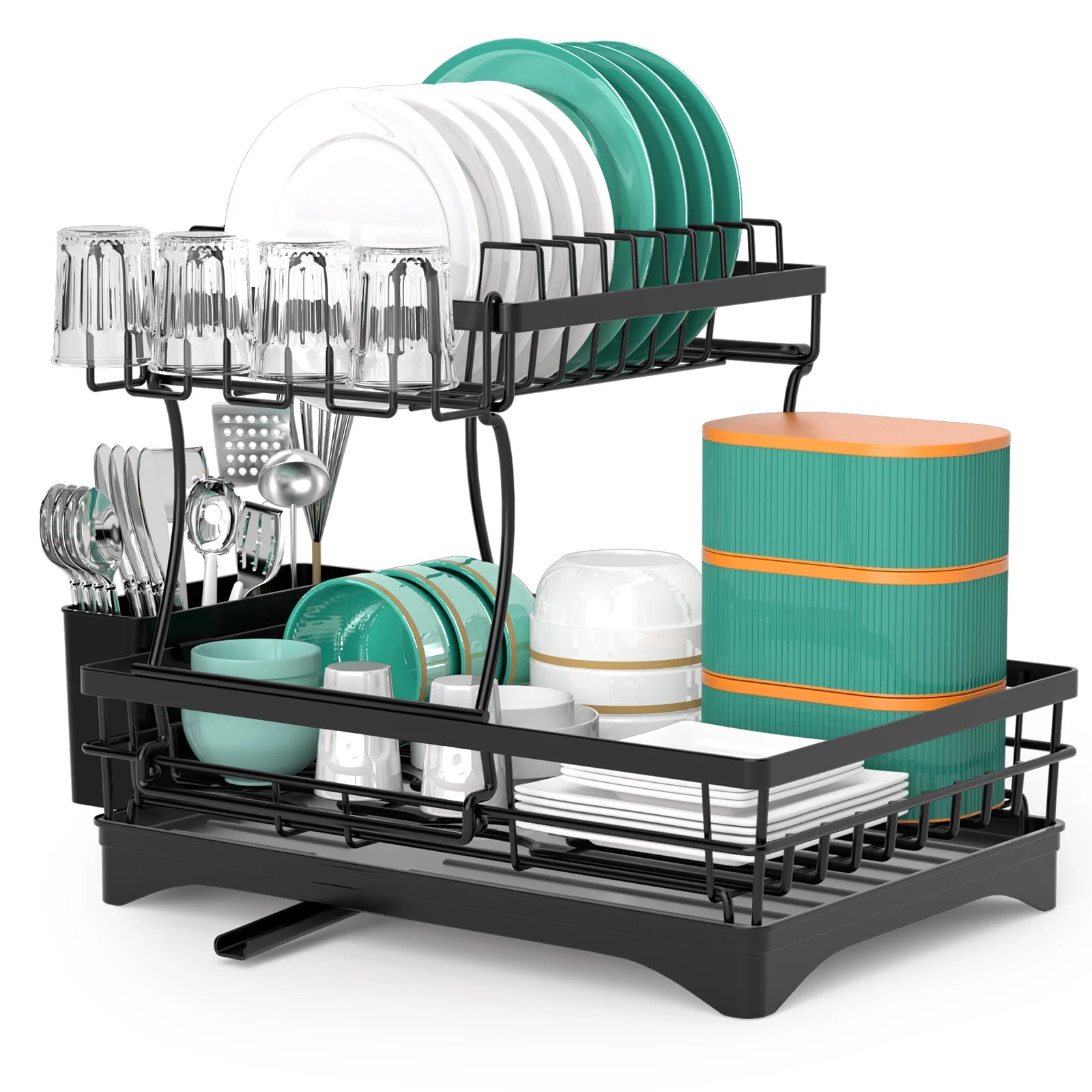 Kitchen Cutlery Carbon Steel Double Tier Wall Mounted Eco-Friendly Dish Drainer Storage Racks with Utensil Holder