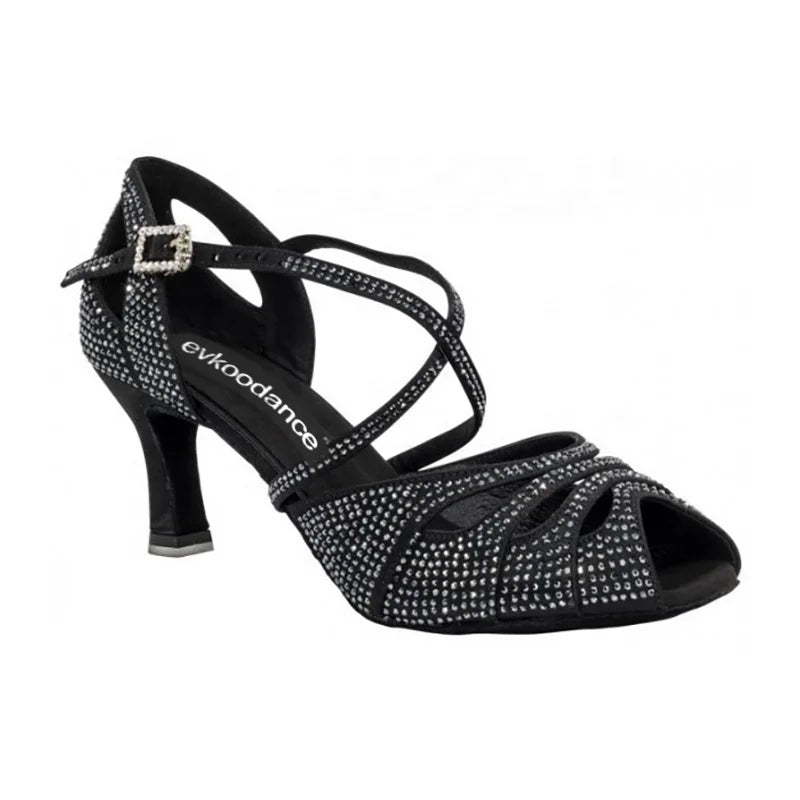 New Arrival Customized Latin Salsa Ballroom Dance Shoes for Women 7cm Heel Black Satin with Rhinestone Sports Dancing Shoes