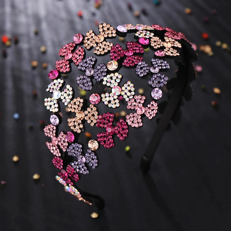 Baroque Wide Flower Crystal Hair Bands for Women Rhinestone Headband Vintage Hair Hoop Bow Elasticity Hairbands Hair Accessories