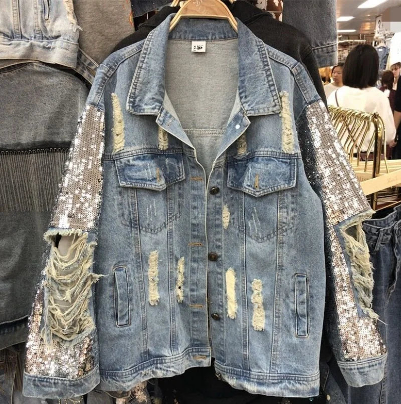 New Woman Jacket Sequin Denim Coat Women Loose Fashion Personality Hole Clothing Trend Ripped Long Sleeve Jean Jackets